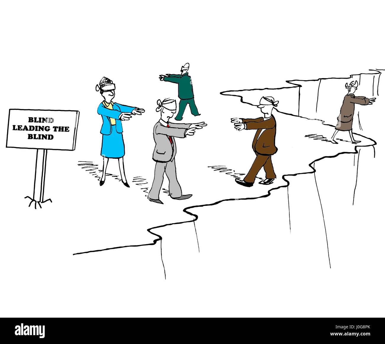 Cartoon illustration de bandé les yeux des gens qui marchent le long d'une falaise. Banque D'Images