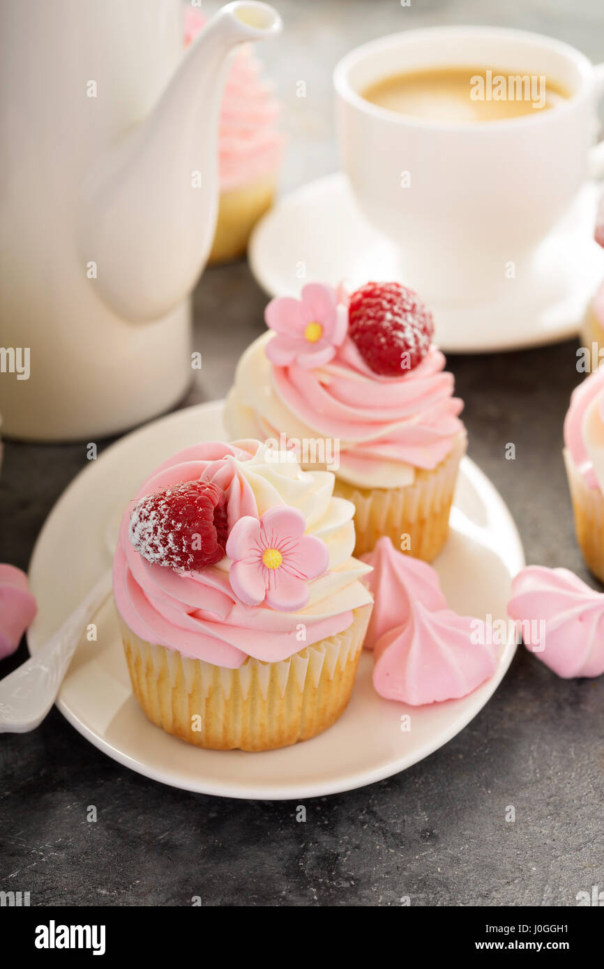 Vanille rose et framboise cupcakes Banque D'Images