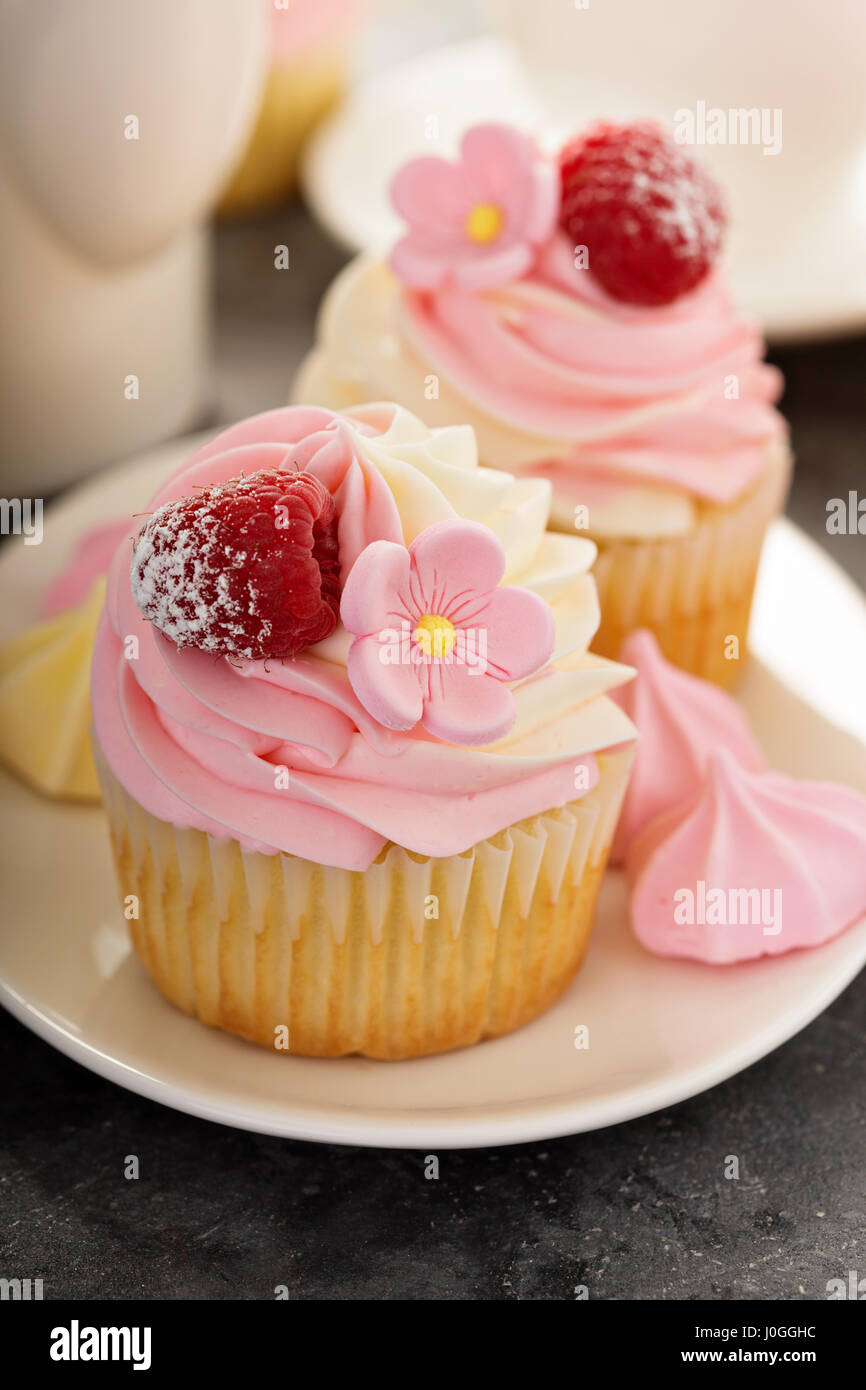 Vanille rose et framboise cupcakes Banque D'Images