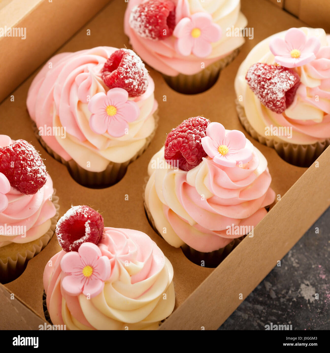 Vanille rose et framboise cupcakes Banque D'Images