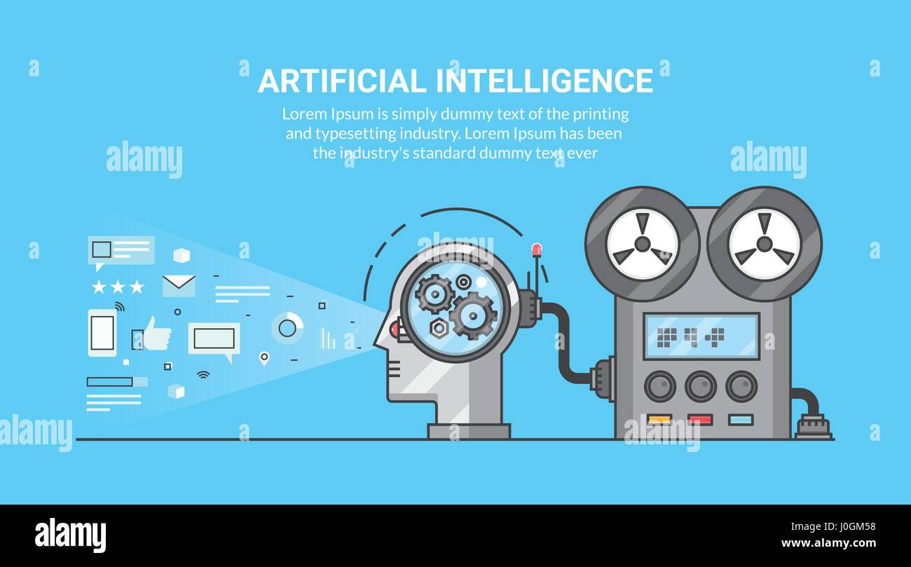 L'intelligence artificielle et l'apprentissage machine concept, avenir de l'informatique. Ligne plate vector illustration bannière pour le web et print. Illustration de Vecteur