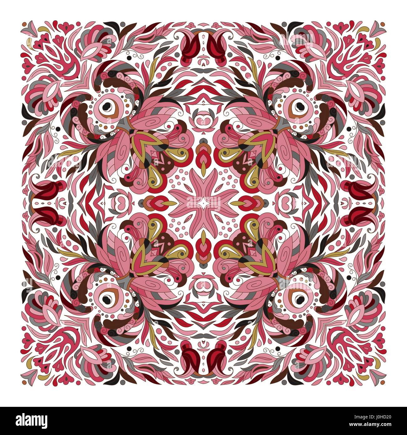 Pour la conception de poche carré, châle, textile, de l'oreiller. Motif floral de vecteur. Rose Délicat ornement de l'est sur fond blanc. Batik Illustration de Vecteur