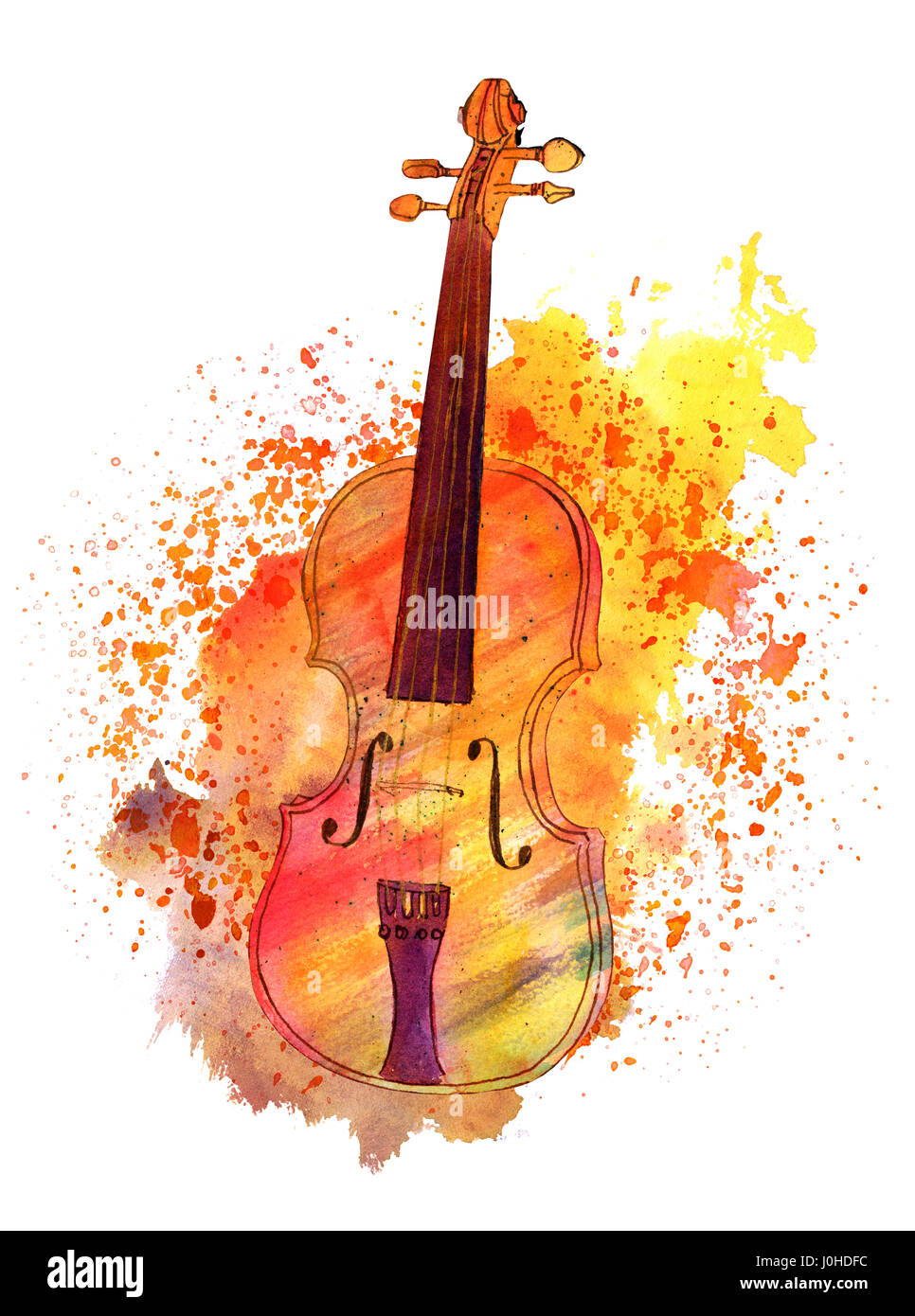 Aquarelle Dessin de violon avec éclaboussures de peinture et copyspace Banque D'Images