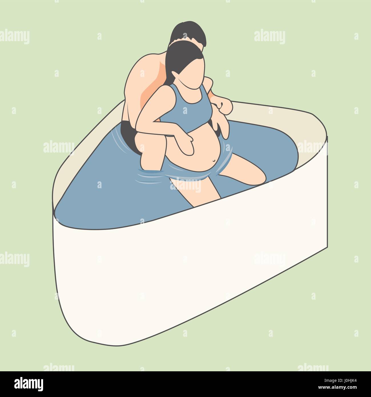 Femme enceinte avec la naissance de l'eau naturelle donnant naissance au mari les exercices de respiration dans la baignoire d'eau Illustration de Vecteur