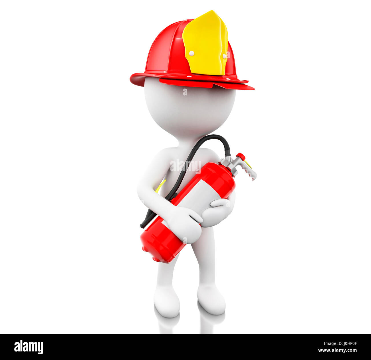 Illustration 3d. Pompier avec helment et extincteur. Concept de sécurité. Isolé sur fond blanc Banque D'Images