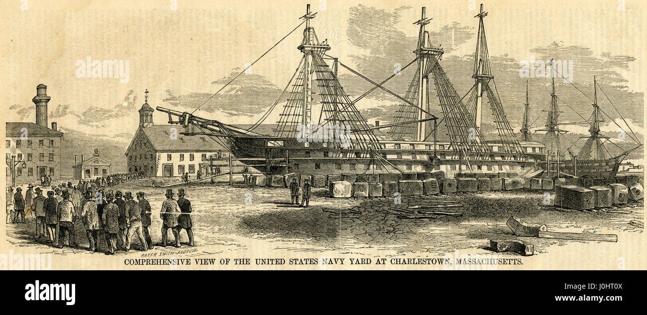 1854, gravure ancienne 'Vue d'ensemble de l'United States Navy Yard à Charlestown, Massachusetts." Le Boston Navy Yard, initialement appelé le Charlestown Navy Yard et, plus tard, le chantier naval de Boston, a été l'un des plus anciens chantiers navals de la marine des États-Unis. SOURCE : gravure originale. Banque D'Images