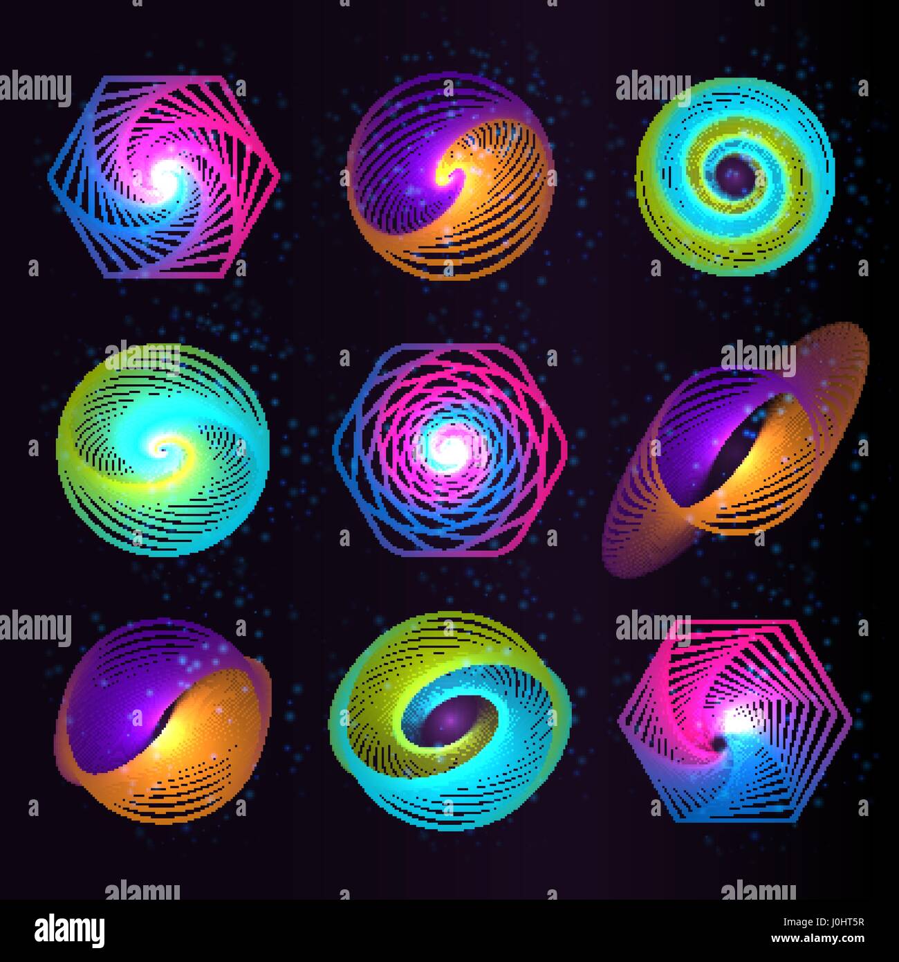 Résumé isolé forme ronde coloré jeu de logos, les éléments d'espace, planètes, collection swirl logotypes icônes sur fond noir vector illustration Illustration de Vecteur