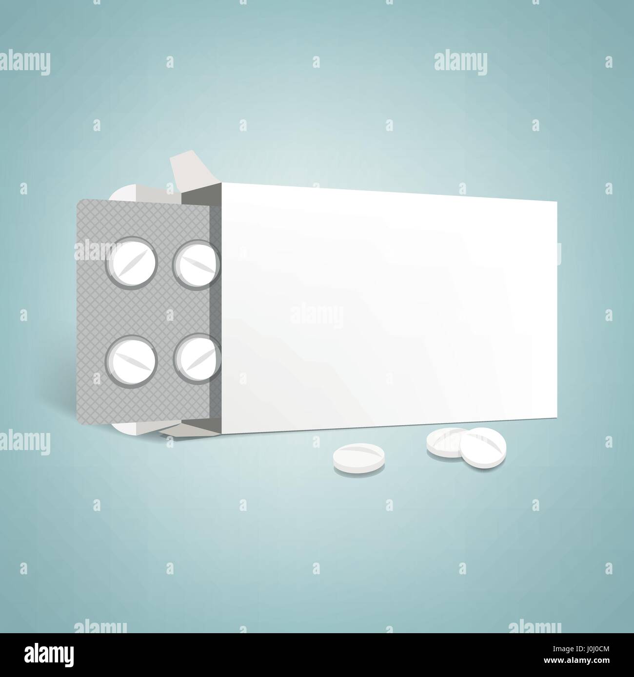 L'emballage pharmaceutique publicité : ouvrez la boîte de médicaments avec des cloques et comprimés, étiquette vierge Illustration de Vecteur
