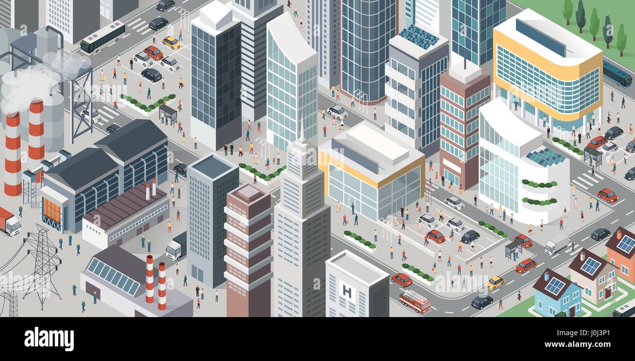 La ville contemporaine isométrique avec des gratte-ciel, grands magasins, usines, maisons, des véhicules et des personnes dans les rues Illustration de Vecteur