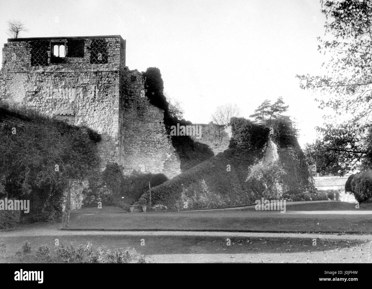Le Donjon, Château de Farnham, la seule demeure considérable de l'édifice construit par Henry de Blois en 1136. L'accès au toit est acquise par une grande volée de marches, menant une avenue voûtée de la maçonnerie solide. La partie supérieure est maintenant le site d'un jardin fleuri d'où vous aurez une vue étendue sur le parc et la ville de Farnham, Surrey. Banque D'Images Le Donjon, Château de Farnham, la seule demeure considérable de l'édifice construit par Henry de Blois en 1136. L'accès au toit est acquise par une grande volée de marches, menant une avenue voûtée de la maçonnerie solide. La partie supérieure est maintenant le site d'un jardin fleuri d'où vous aurez une vue étendue sur le parc et la ville de Farnham, Surrey. Banque D'Images