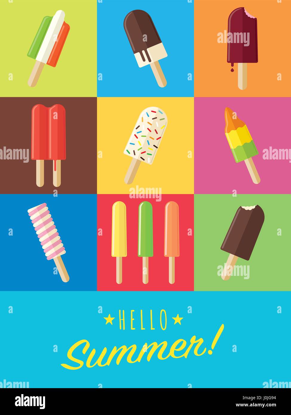 Hello summer vibrant poster design plat avec les popsicles et sucettes glacées Illustration de Vecteur