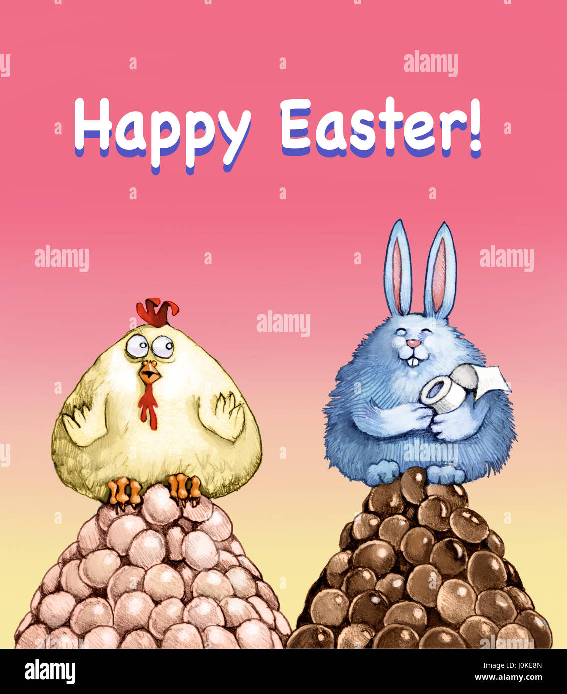 Carte postale de pâques avec bunny et cicken Banque D'Images