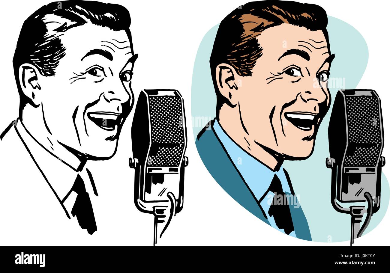 A smiling man parlant dans un micro vintage Illustration de Vecteur