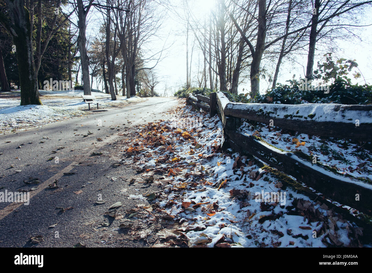 Une légère couche de neige sur les feuilles mortes et le long d'une clôture et le chemin. Banque D'Images