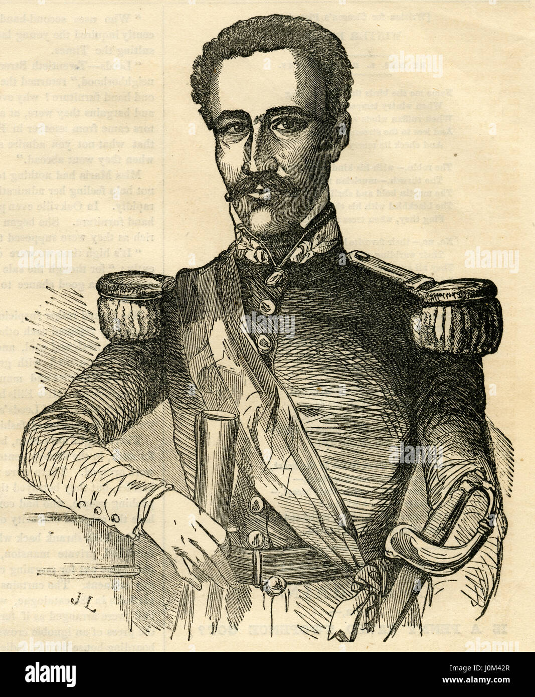 1854, gravure ancienne '‡B Buenaventura ez, Président de la République dominicaine.»‡B Buenaventura ez, en plein Ram-n ez MŽndez‡B Buenaventura (1812-1884) a été le président de la République dominicaine pour cinq termes non consécutifs. Il est connu pour avoir tenté d'annexer la République dominicaine d'autres pays à de nombreuses occasions. SOURCE : gravure originale. Banque D'Images