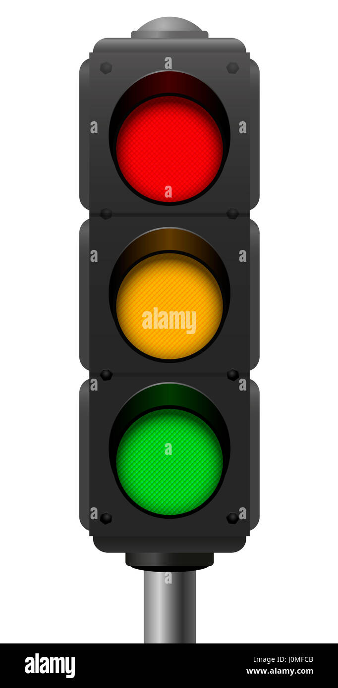 Feux de circulation avec trois lumières sur - rouge, orange, vert - Ribbed surface tridimensionnelle réaliste - illustration isolé sur fond blanc. Banque D'Images