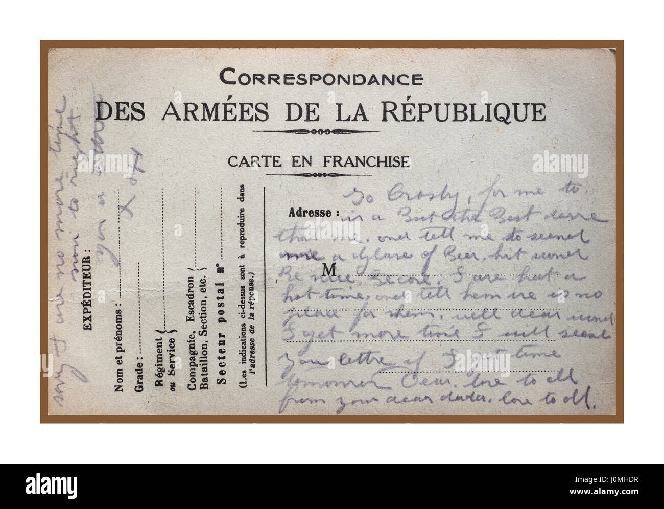 Vintage poignant officiel historique Première Guerre Mondiale 1917 carte postale, envoyée par le front en France, par un soldat britannique Banque D'Images Vintage poignant officiel historique Première Guerre Mondiale 1917 carte postale, envoyée par le front en France, par un soldat britannique Banque D'Images