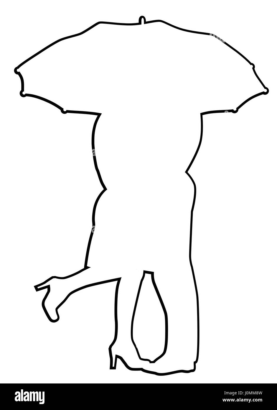 Un couple de cour, silhouette sous la pluie, s'embrasser sous un parapluie dans les grandes lignes. Illustration de Vecteur