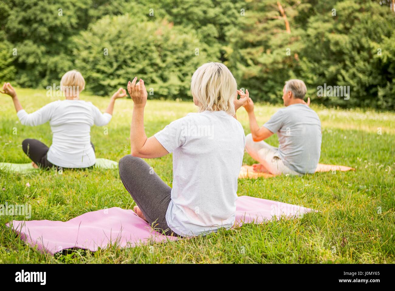 Trois personnes faisant du yoga dans le champ. Banque D'Images