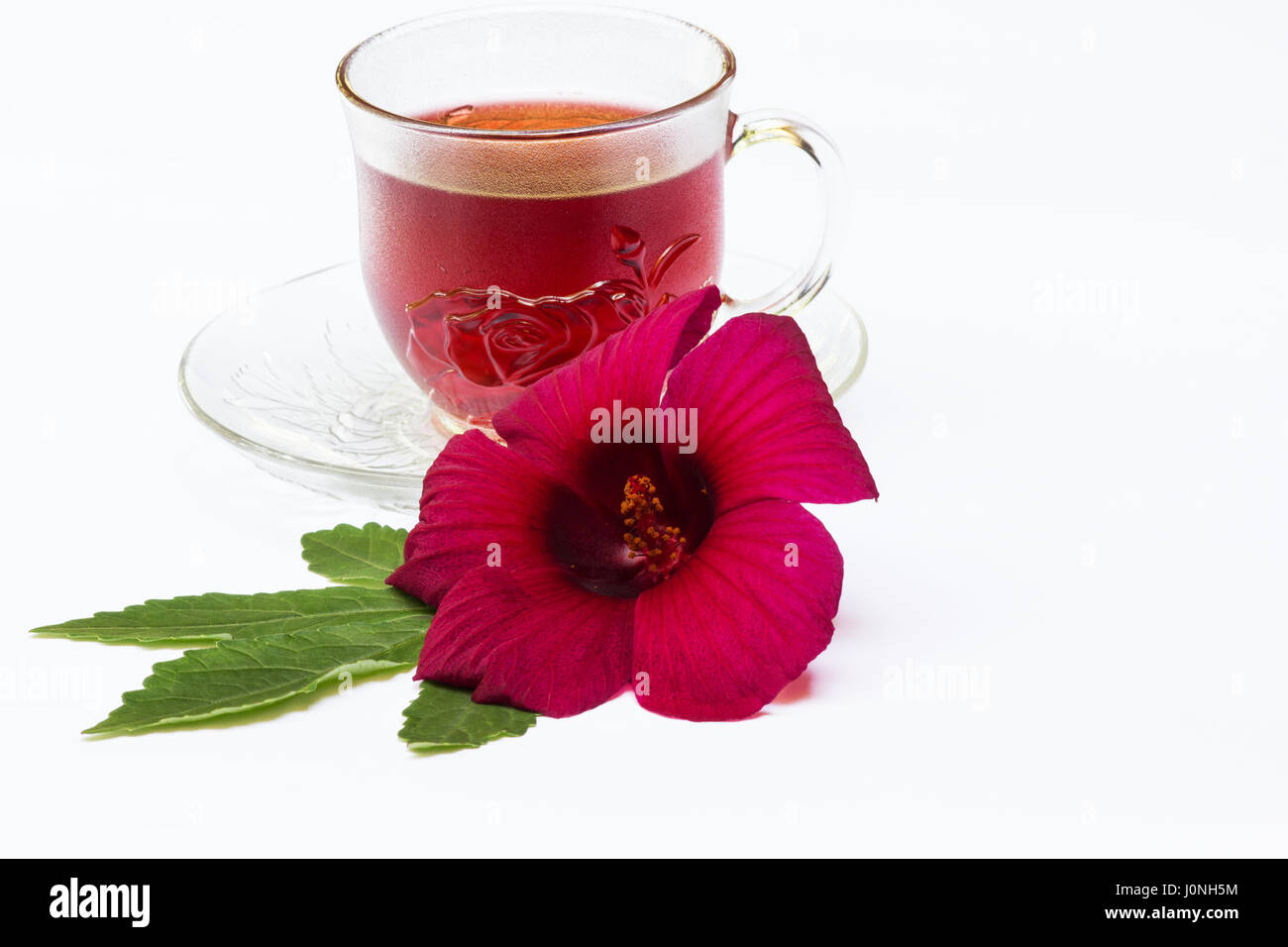 Roselle (Hibiscus Sabdariffa) et d'un plateau de fleurs sur fond blanc Banque D'Images