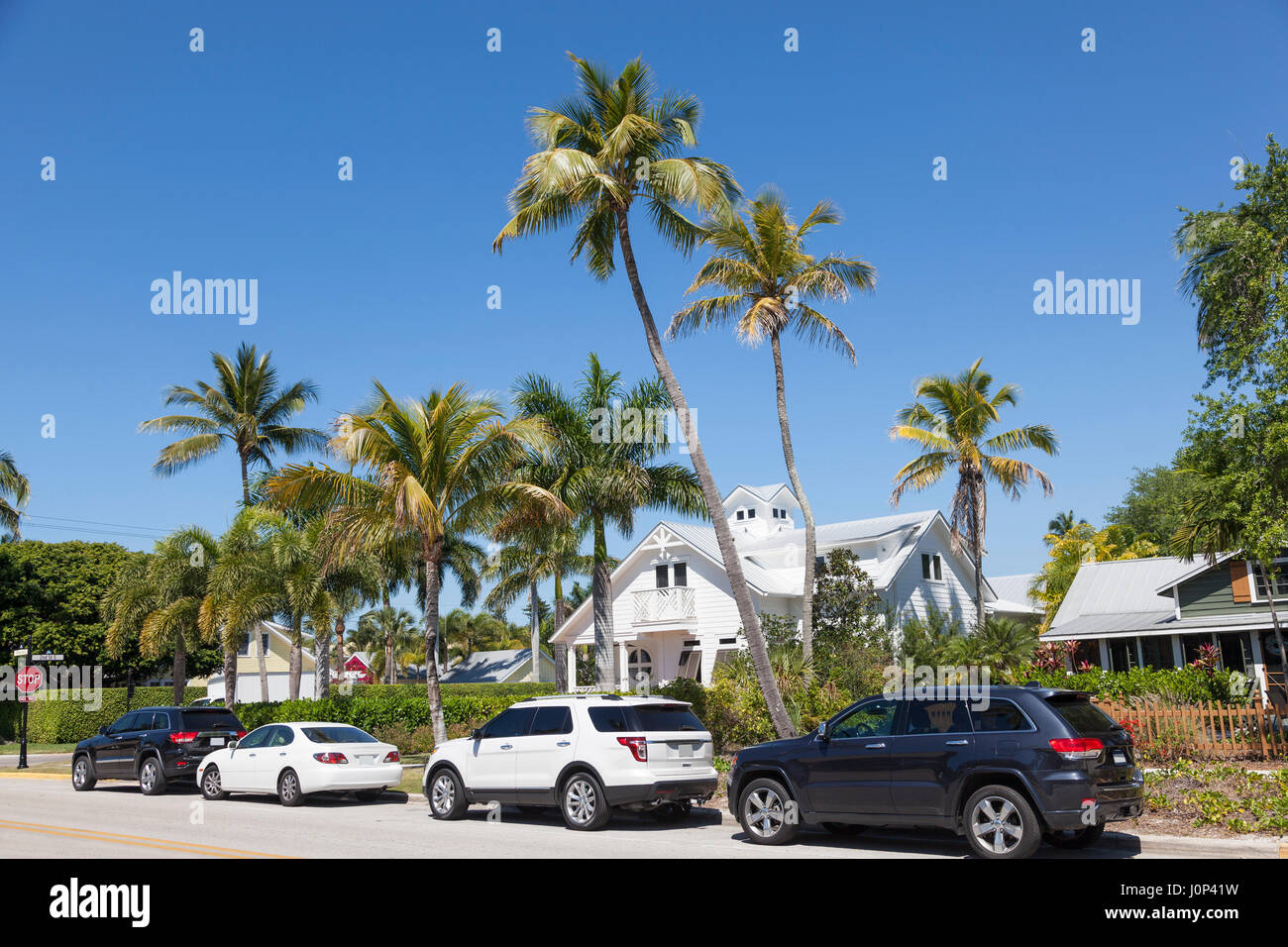 Voitures garées dans une rue avec des palmiers dans la ville de Naples. Florida, United States Banque D'Images