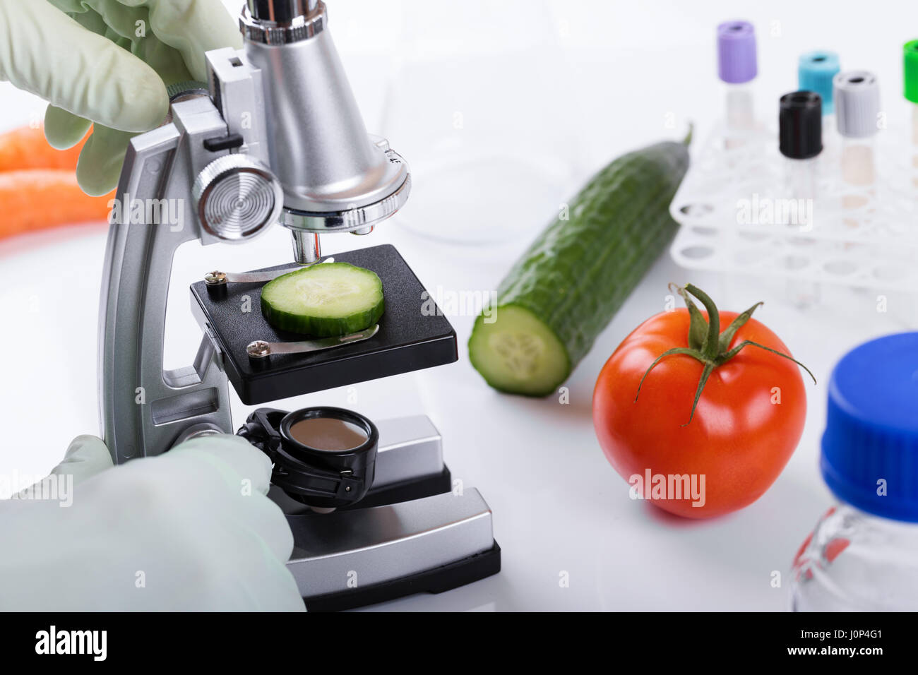 Concept de contrôle de la qualité des aliments - scientist inspection concombre avec microscope in laboratory Banque D'Images
