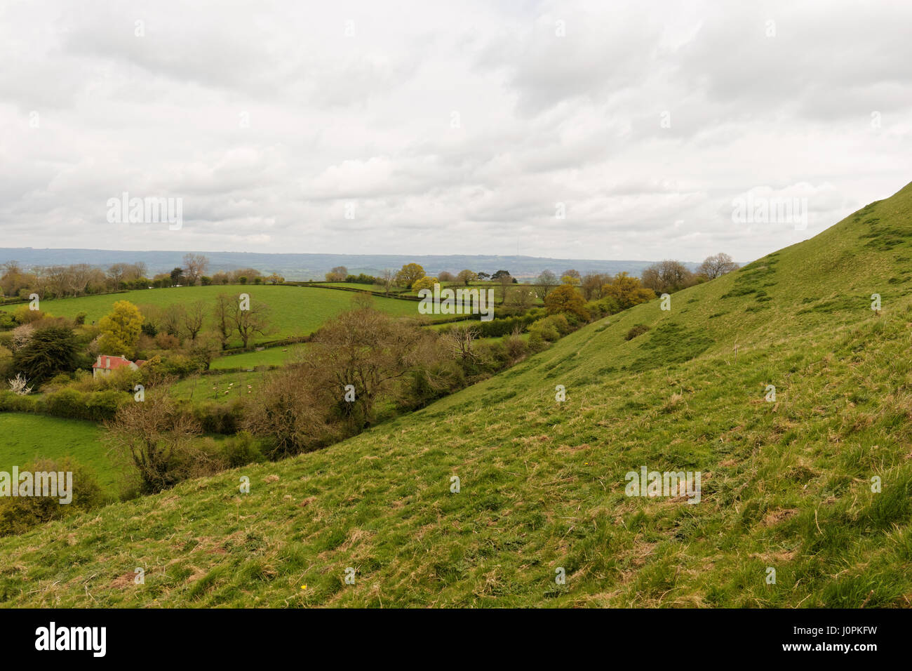 Vue du paysage depuis le haut de Tor de Glastonbury, Avalon, Somerset, England, UK Banque D'Images