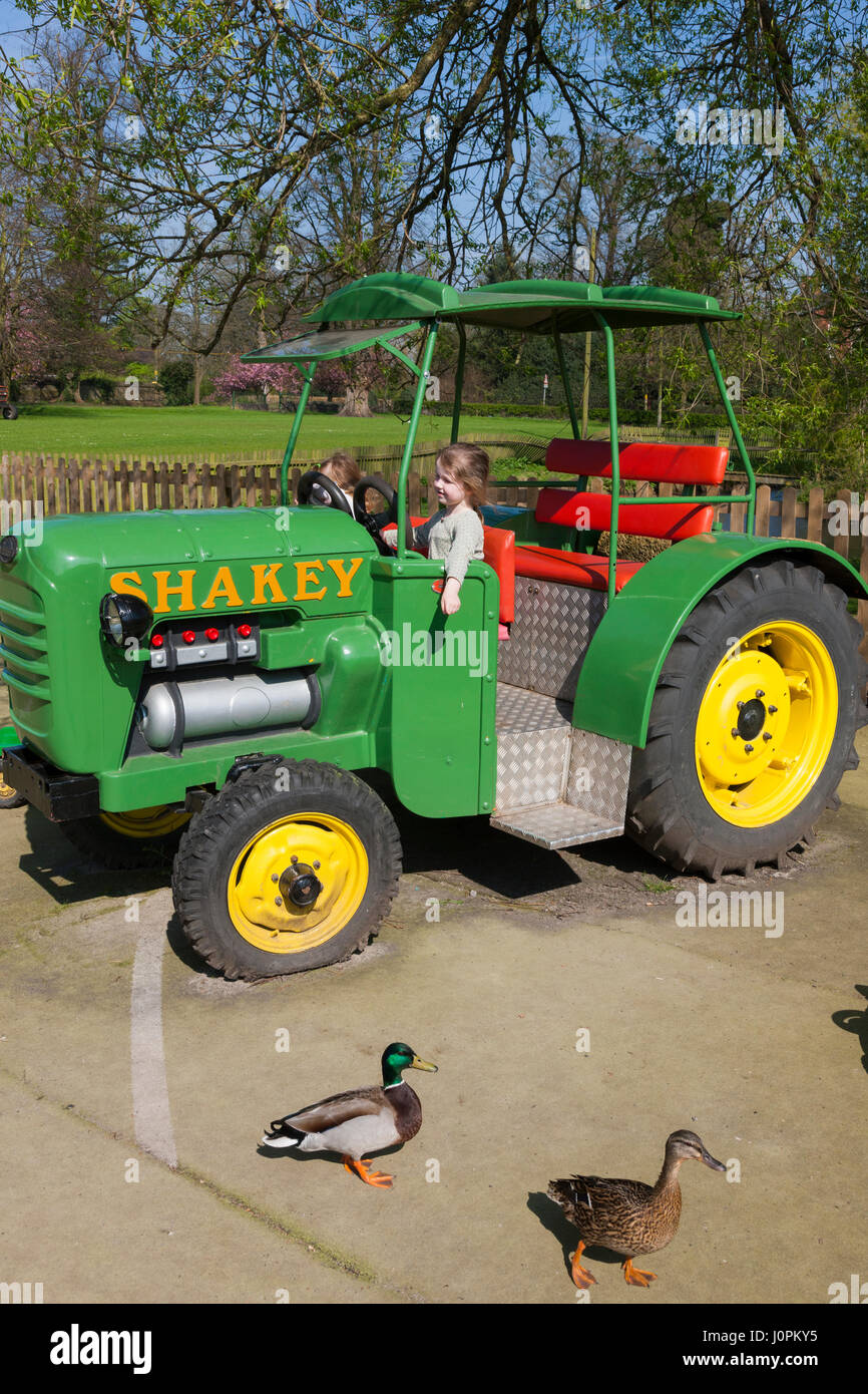 Deux jeunes filles, jouant dans l'aire de jeu avec un modèle à l'échelle de reproduction d'un tracteur à Glebe Farm, Astbury, Crewe, Cheshire. UK. (87) Banque D'Images
