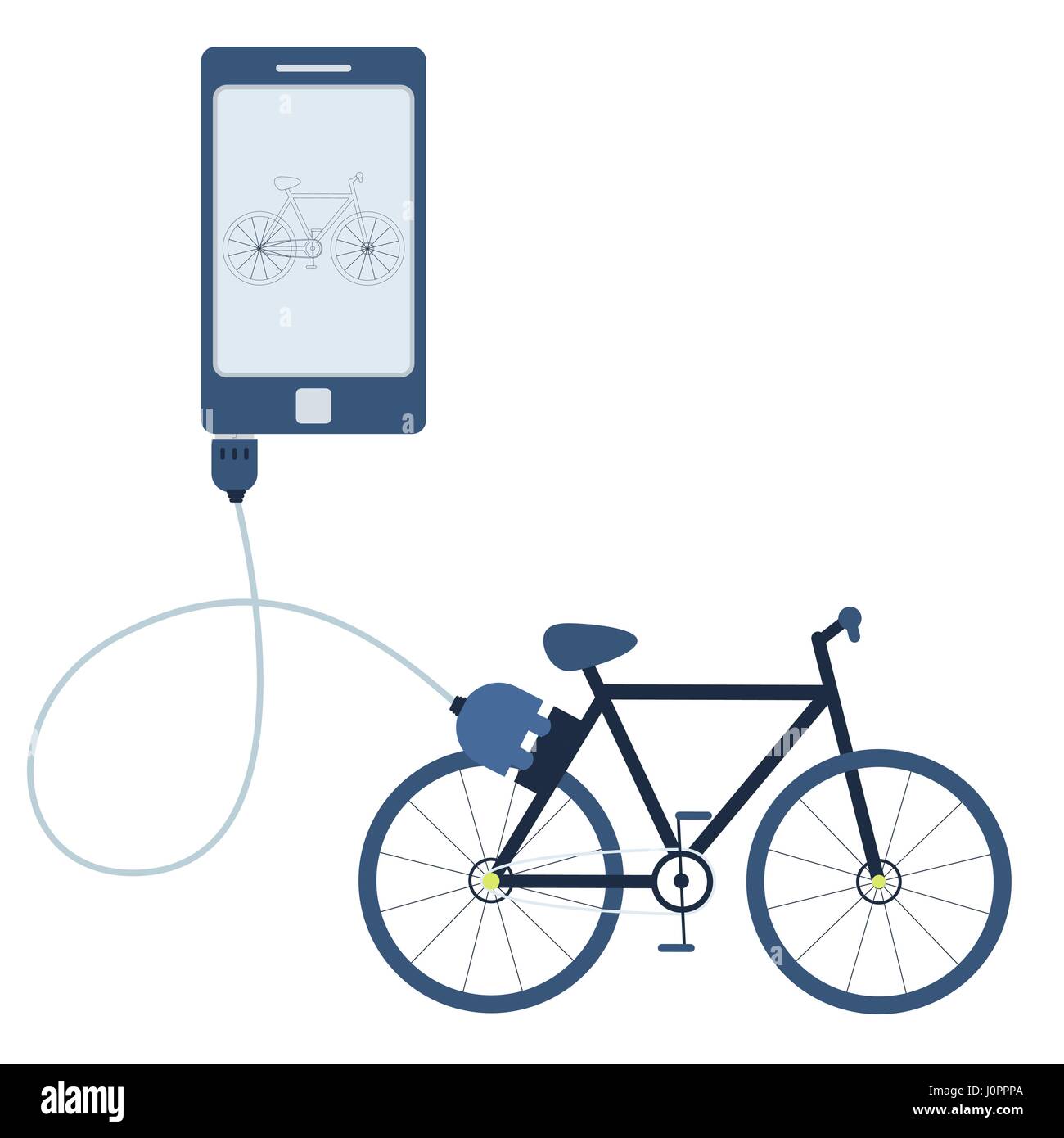 Bike connecté à un téléphone portable via un câble USB. Aperçu de la voiture en cours est indiqué sur le moniteur mobile. Modèle plat. Isolées. Illustration de Vecteur