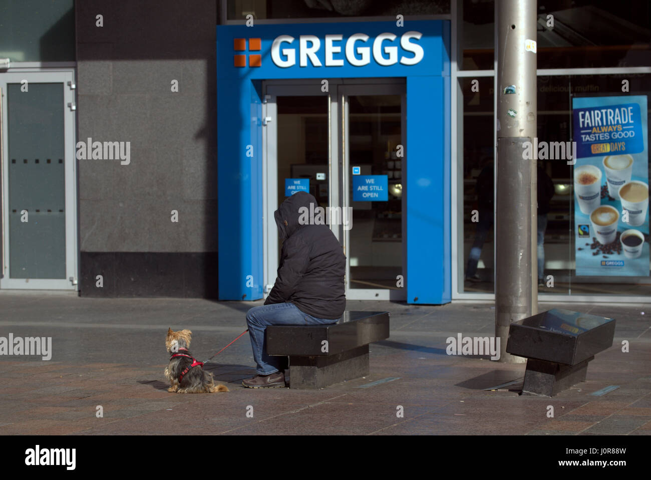 Personne à capuchon isolé avec chien yorkshire emblématique d'Greggs St Enoch Glasgow Banque D'Images