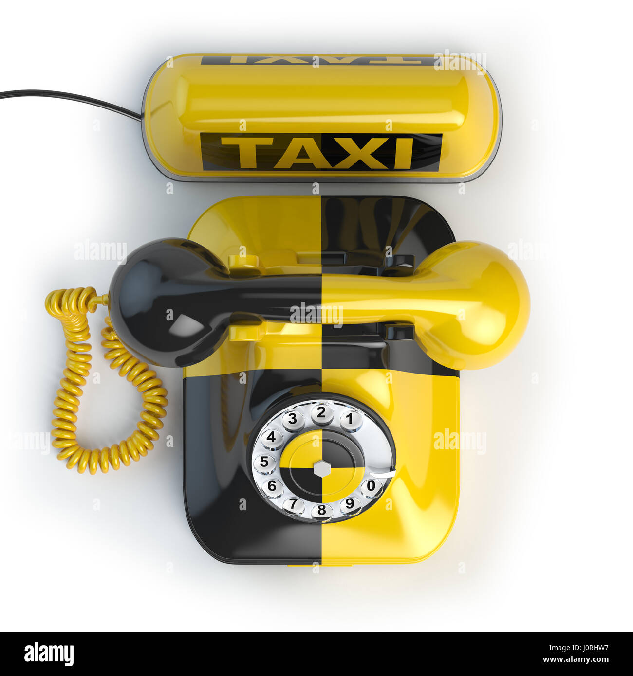 Une voiture de taxi sign et jaune sur fond blanc téléphone isolé. Concept de téléphone de taxi. 3d illustration Banque D'Images