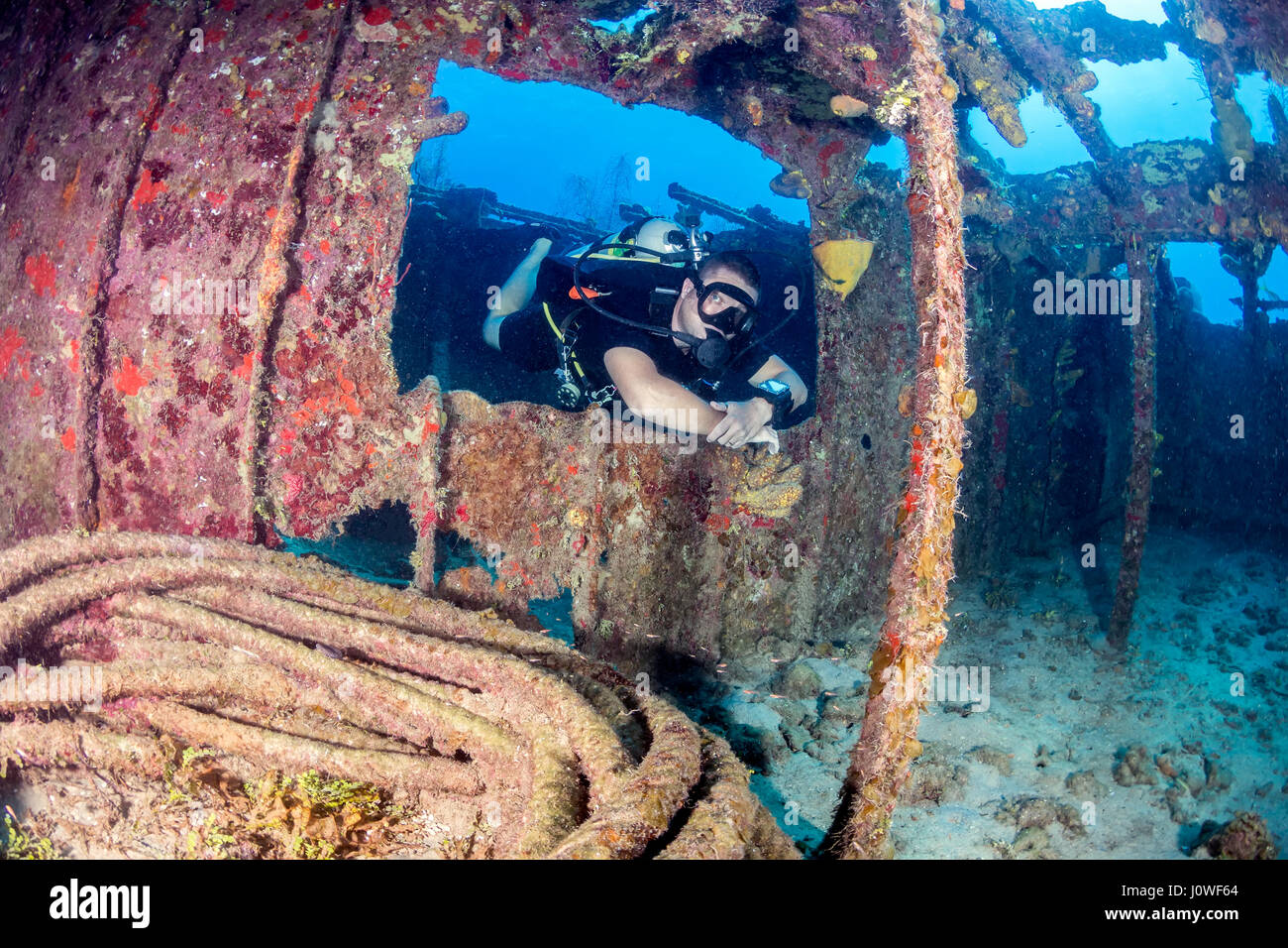 Plongée sous marine natation à travers une vieille épave sous-marine Banque D'Images