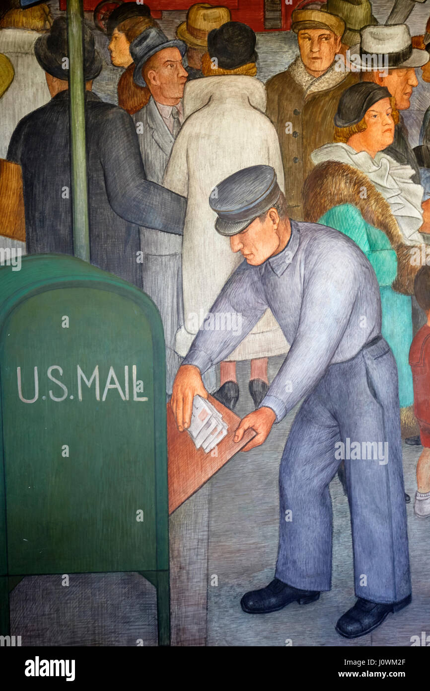 Peintures murales en plein air à l'intérieur de la Coit Tower montrant une scène de la vie en ville, San Francisco, California, United States Banque D'Images