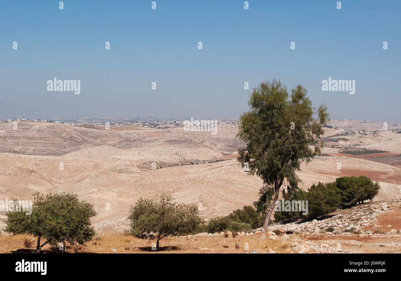 Paysage du désert jordanien et vu du haut du Mont Nébo, dans la Bible hébraïque le lieu où Moïse a été montré la Terre Promise Banque D'Images