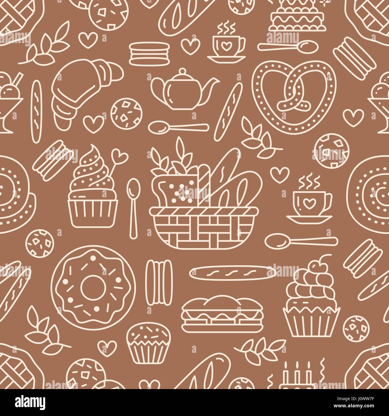 Modèle sans couture boulangerie, de l'alimentation contexte vecteur de brown, couleur blanche. Les produits de confiserie fine ligne icons - gâteaux, croissants, muffins, pâtisseries, cupcake, gâteau. Jolie illustration pour répétées sweet shop Illustration de Vecteur