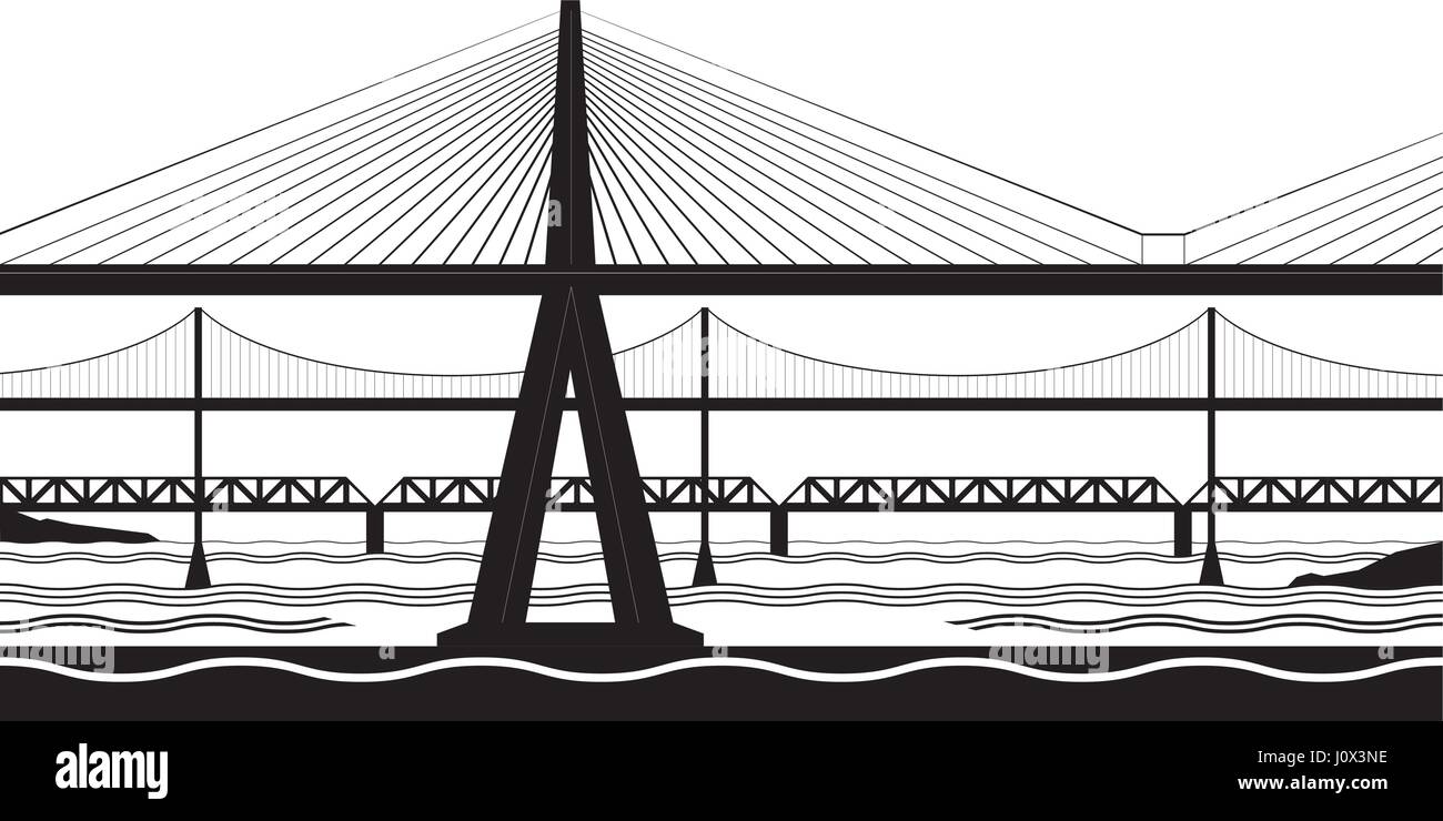 Plusieurs ponts traversent la rivière - vector illustration Illustration de Vecteur