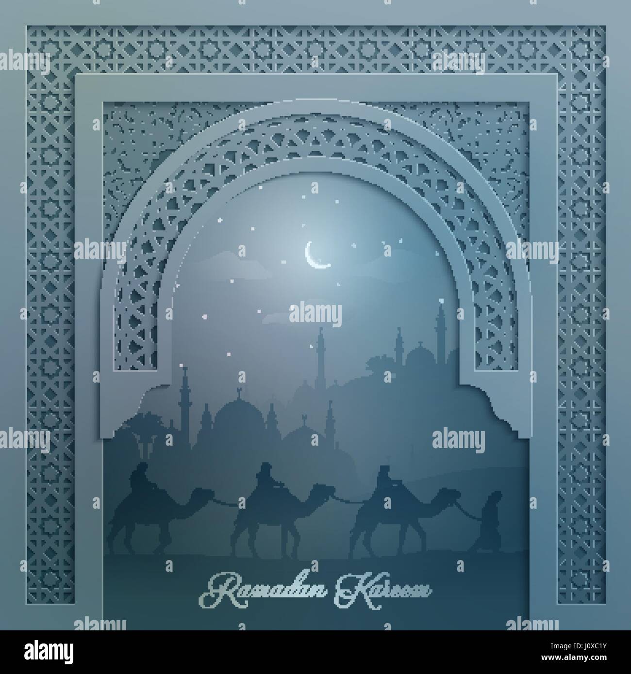 Silhouette de la mosquée et Arabian camel voyage avec l'arabe pour motif d'accueil contexte islamique Ramadan Kareem Illustration de Vecteur