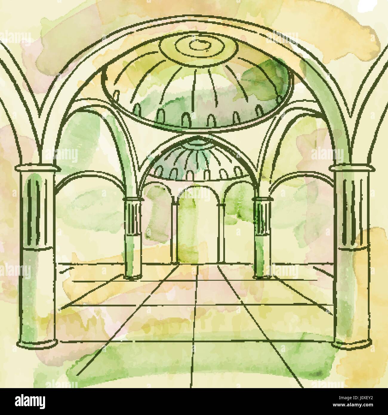 Effet d'aquarelle de l'intérieur de la mosquée historique de la conception islamique Illustration de Vecteur