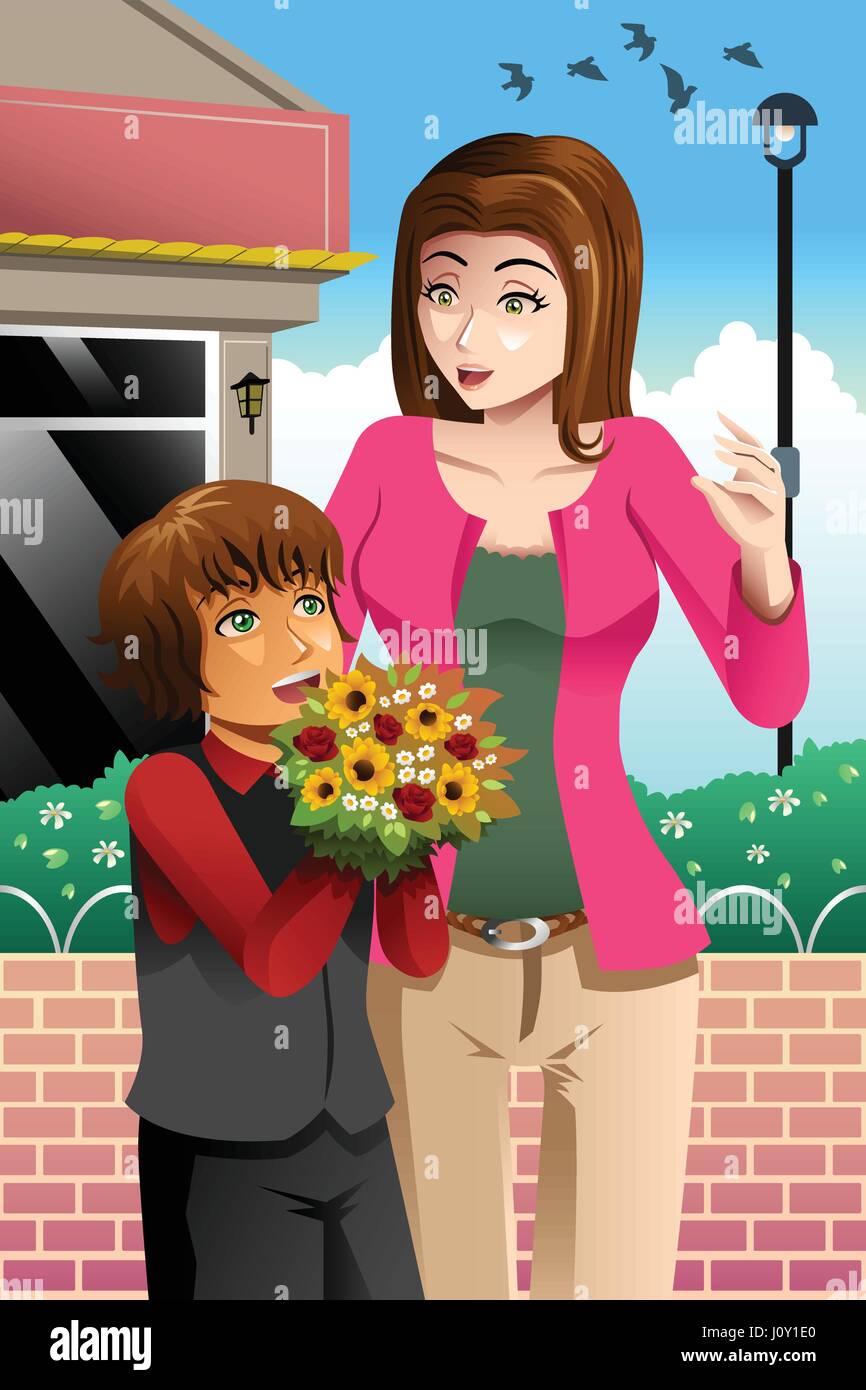 Un vecteur illustration de happy girl giving bouquet de fleurs à sa belle mère Illustration de Vecteur