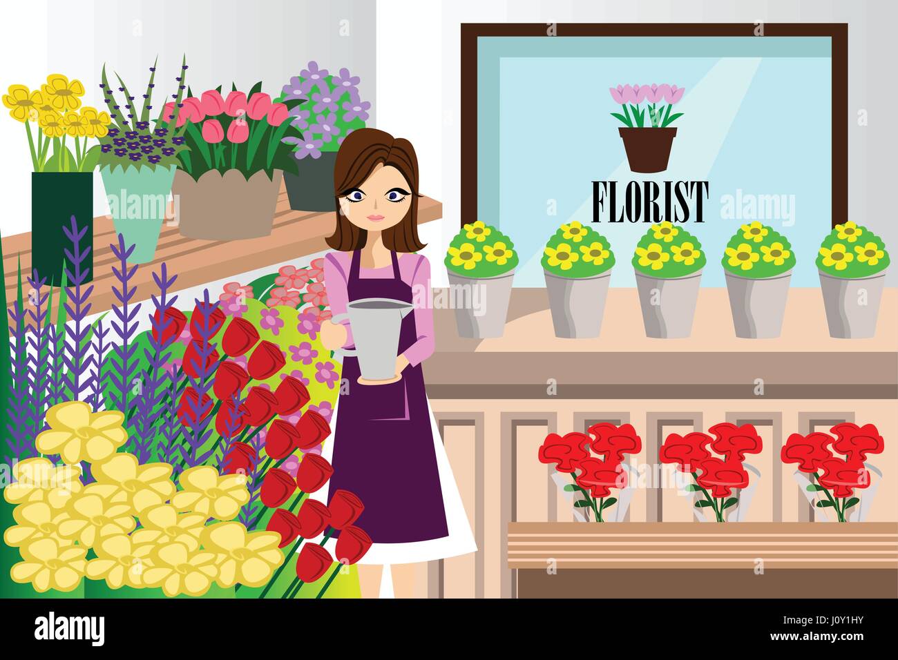 Un vecteur illustration de fleuriste beau travail avec bouquet de fleurs différentes dans la boutique de fleurs Illustration de Vecteur