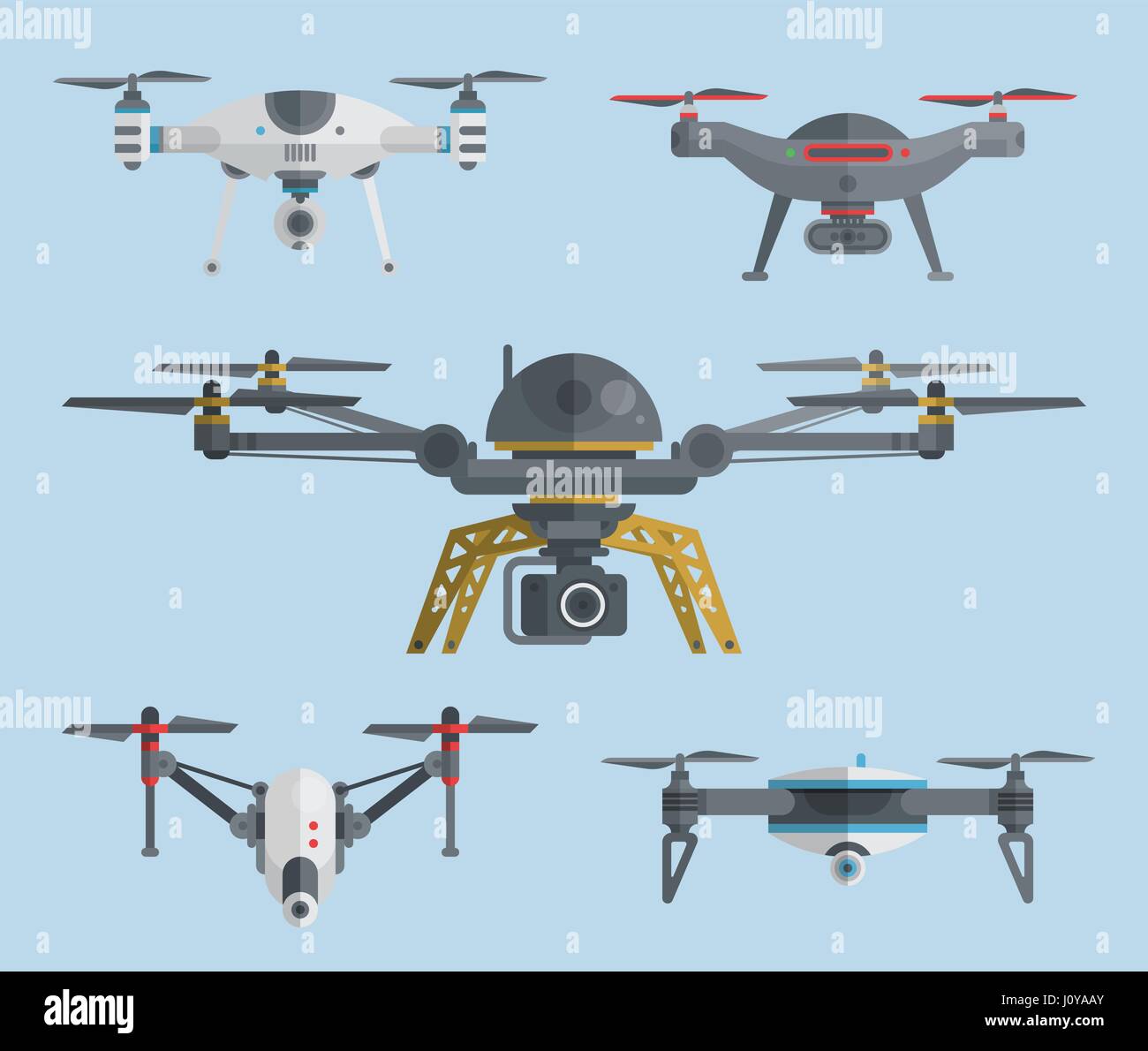 Des drones aériens à distance avec des appareils photo numériques. Collection Air quadrocopters. Flying copters moderne avec des caméras pour filmer l'action mobile et photo. Télévision Illustration de Vecteur