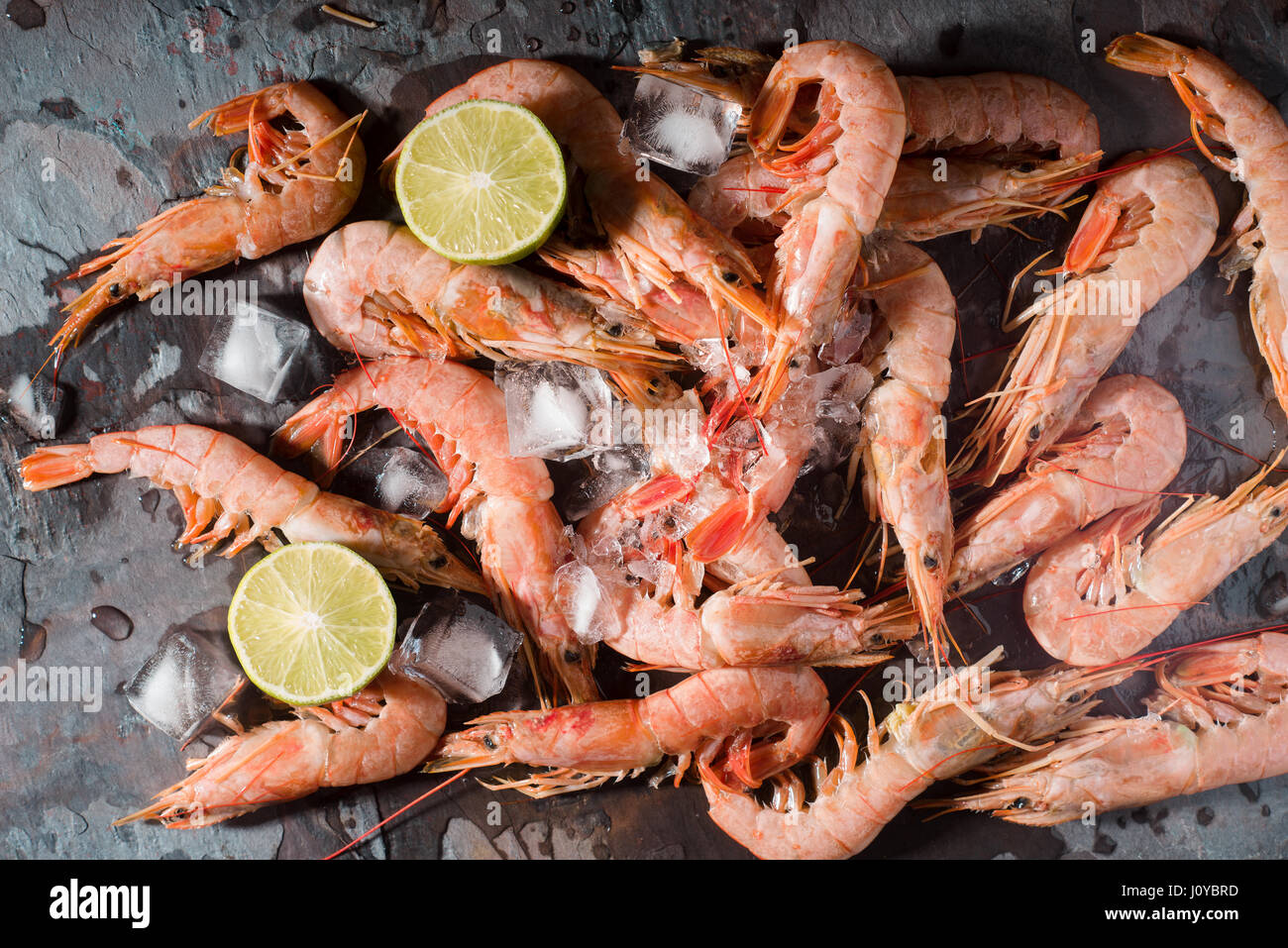 Crevettes fraîches servi sur une ardoise gris avec de la chaux et de la glace Banque D'Images Crevettes fraîches servi sur une ardoise gris avec de la chaux et de la glace Banque D'Images
