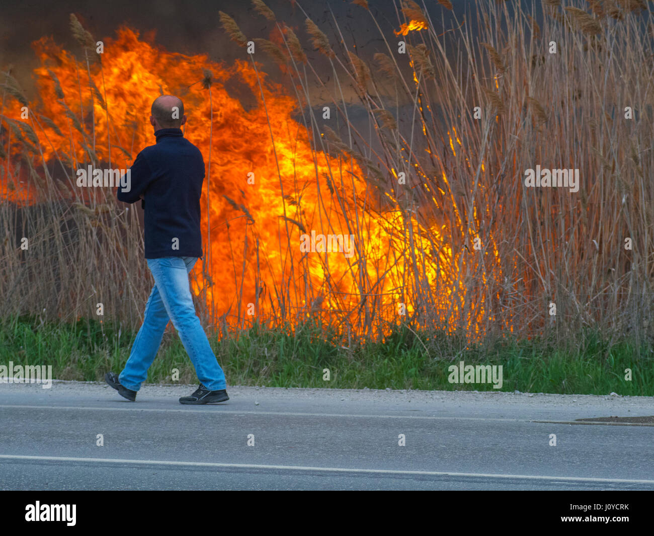 Un homme marche le long de la route près d'un incendie Banque D'Images