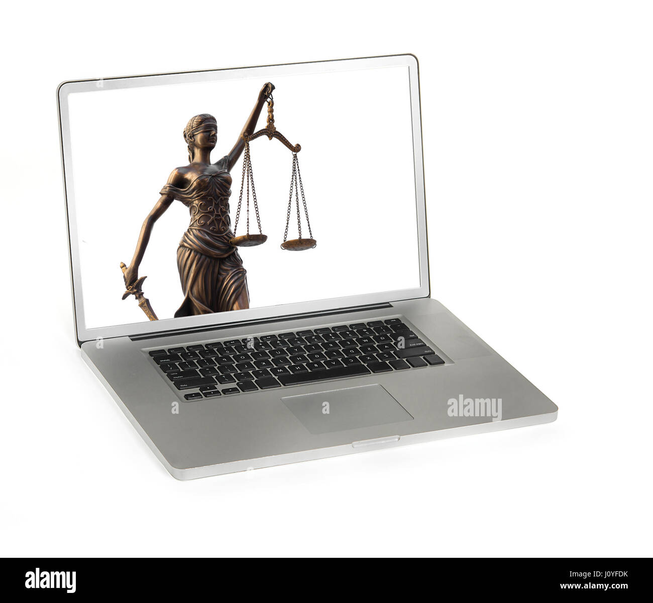Droit juridique droit concept avec balance de la justice affiche sur un ordinateur portable Banque D'Images