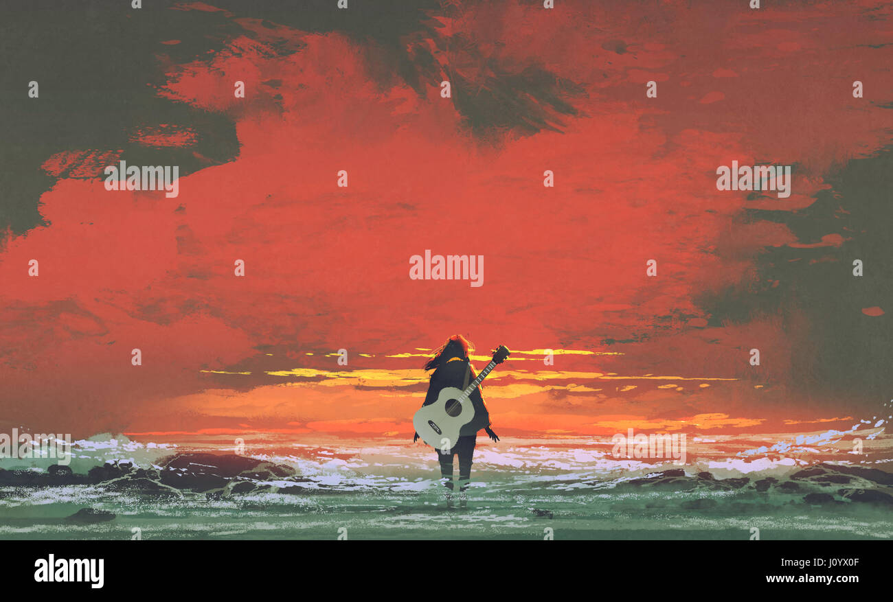 Femme avec guitare à l'arrière debout dans la mer au coucher du soleil, illustration peinture Banque D'Images