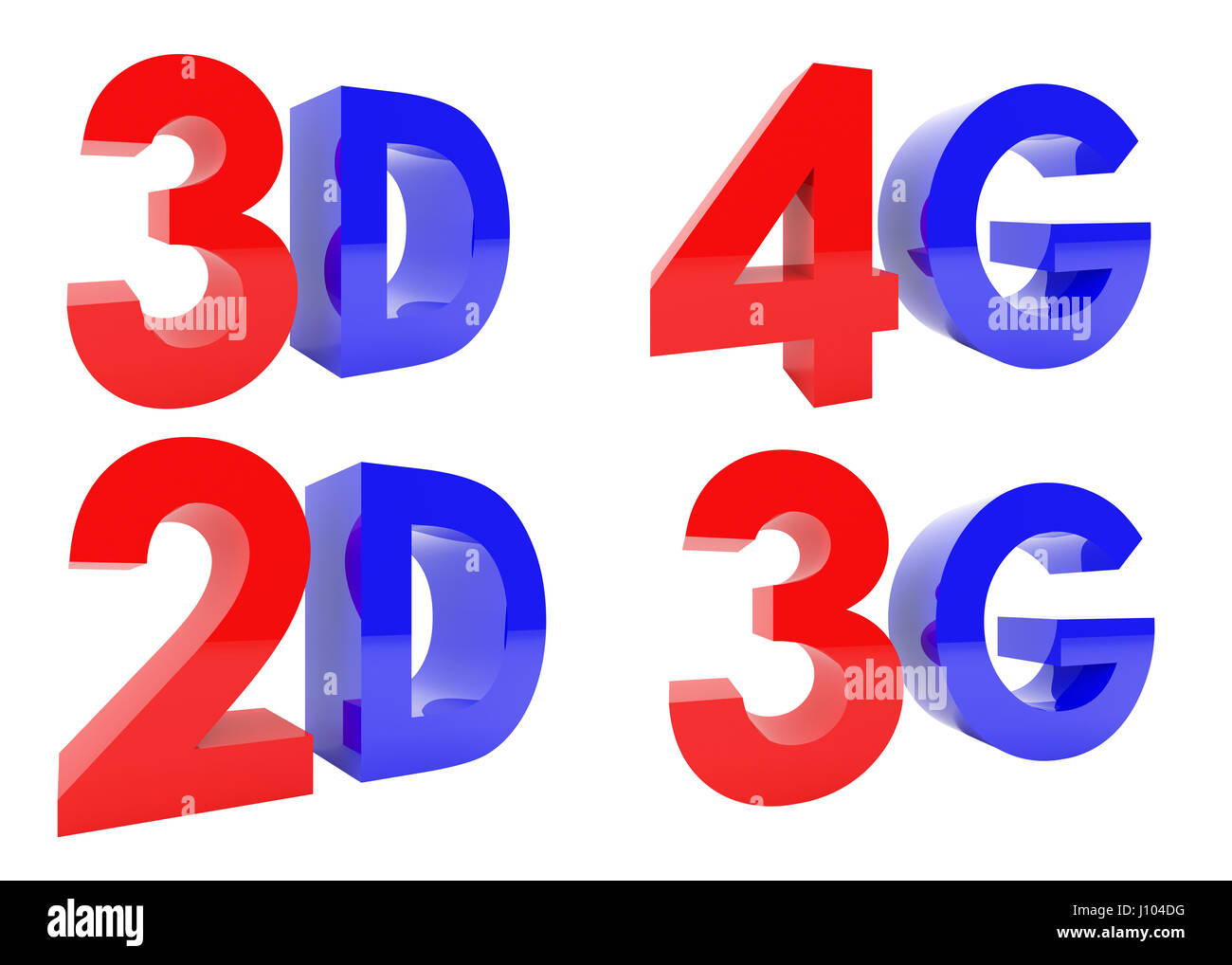 Le Rendu 3D de 3D, 2D, 4G, 3G texte isolé sur fond blanc, Chemin de coupure à l'intérieur Banque D'Images