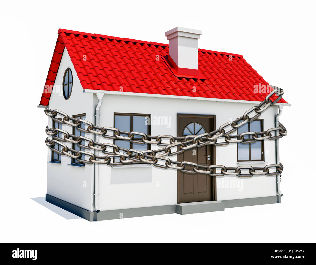 Maison avec un toit rouge est enveloppée dans la chaîne en métal Banque D'Images