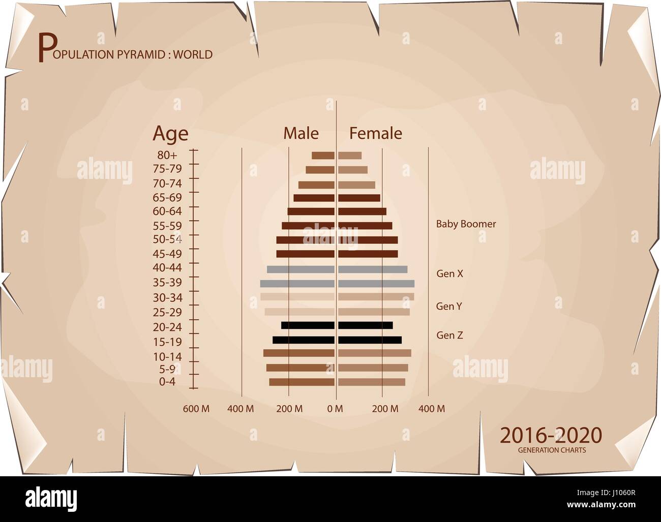 Population et démographie, Tableau des pyramides ou de la structure par âge graphique avec les baby-boomers Génération, la génération X, génération Y et Z Gen en 2016 à 2020 sur les LO Illustration de Vecteur