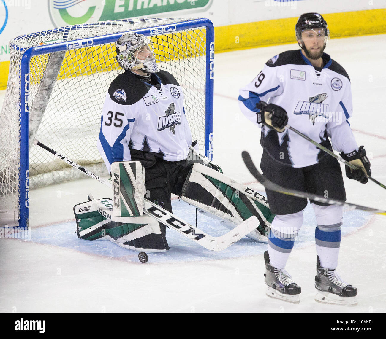 Denver, Colorado, États-Unis. Apr 15, 2017. G Steelheads LANDON BOW, à gauche, montre sa déception après l'Eagles marquer le but de la victoire en prolongation à la Budweiser Events Center samedi soir. L'Eagles battre les steelheads 2-1 et lier la série 1-1. Credit : Hector Acevedo/ZUMA/Alamy Fil Live News Banque D'Images