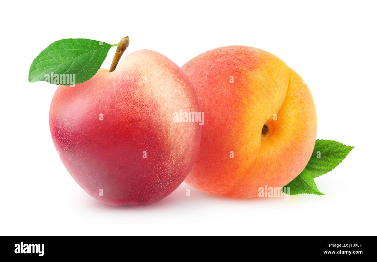 Fruits isolés. Ensemble avec des feuilles de pêches et de nectarines isolé sur fond blanc avec clipping path Banque D'Images